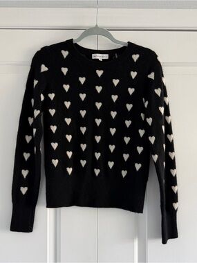 White + Warren Black Crewneck Sweater with White Hearts- 100% Cashmere- Size XS